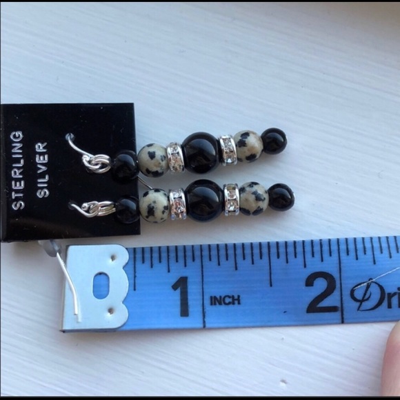 Dalmatian Jasper/Onyx/rhinestone/sterling silver earrings Handmade (by m… - Picture 6 of 6